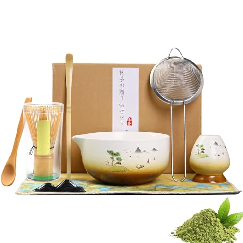 Matcha Set, 8 Stück Matcha Tee Set mit Matcha Besen, Keramik Matcha Schale, Besenhalte, Bambusschaufel und Matcha Sieb, Matcha Zubehör Set für Matcha Ceremonial, Geschenk für Matcha-Liebhaber (A) von GZWY
