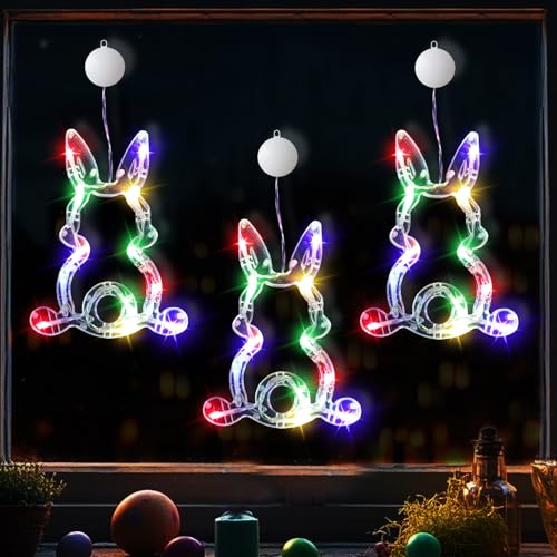 Osterdeko LED Fenster Licht, 2er Ostern Deko LED Lichterkette Hase Fenster Beleuchtet mit Batteriebetriebene,Ostern Fensterdeko mit Saugnäpfe,Osterhase zum Aufhängen Lichterkette für Innen Draußen (B) von GZWY