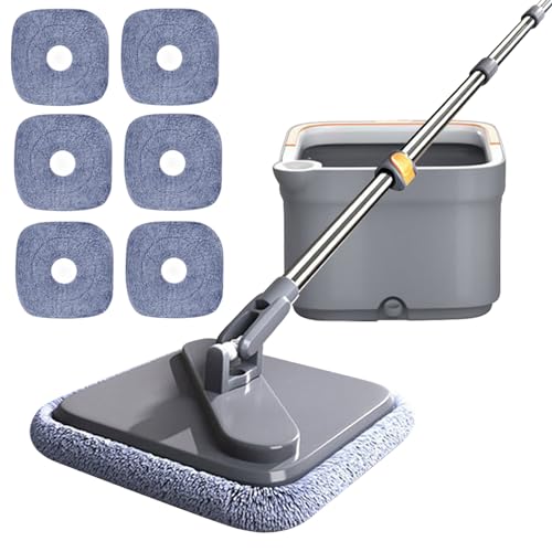 Quadratische Spin Wischmop, Selbstwaschbarer Mop Eimer mit Wringer, Mop-Eimer-Set, 360° Drehbarer Reinigungsmopp, Nass- Trockenmopp für Bodenreinigung Badewannen, Decken (Set + 6 Wischpads) von GZWY