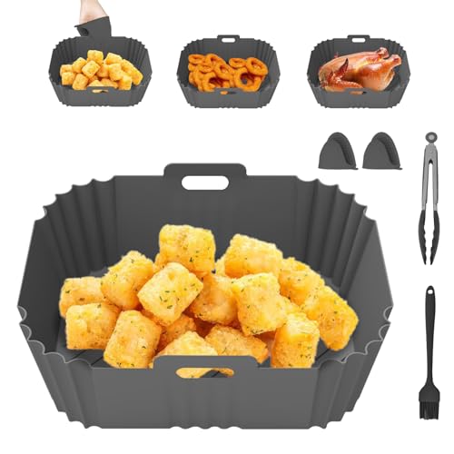 Silikonform für Heißluftfritteuse, Air Fryer Liners 21.5cm Wiederverwendbar Anstelle Airfryer Backpapier Pergamentpapier, Heißluftfritteuse Zubehör mit Ofenhandschuhen (4-Sets Grau) von GZWY