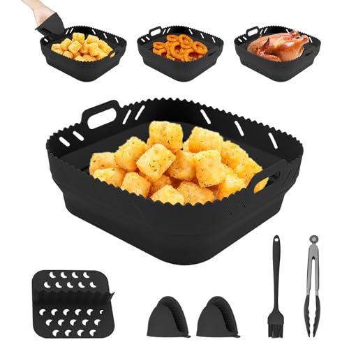 Silikonform für Heißluftfritteuse, Air Fryer Liners 21.5cm Wiederverwendbar Anstelle Airfryer Backpapier Pergamentpapier, Heißluftfritteuse Zubehör mit Ofenhandschuhen (5-Sets Schwarz) von GZWY