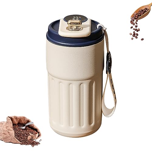 Thermobecher Kaffee to Go, Edelstahl Doppelwandige Vakuum auslaufsicher Reisebecher Kaffeebecher to Go, Kaffee-Thermoskanne Mit Temperaturanzeige, Travel Mug für Heiße und Kalte Kaffeemilch (Blau) von GZWY