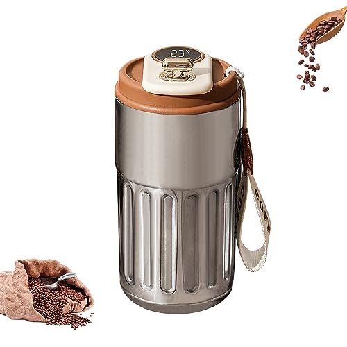 Thermobecher Kaffee to Go, Edelstahl Doppelwandige Vakuum auslaufsicher Reisebecher Kaffeebecher to Go, Kaffee-Thermoskanne Mit Temperaturanzeige, Travel Mug für Heiße und Kalte Kaffeemilch (Silber) von GZWY