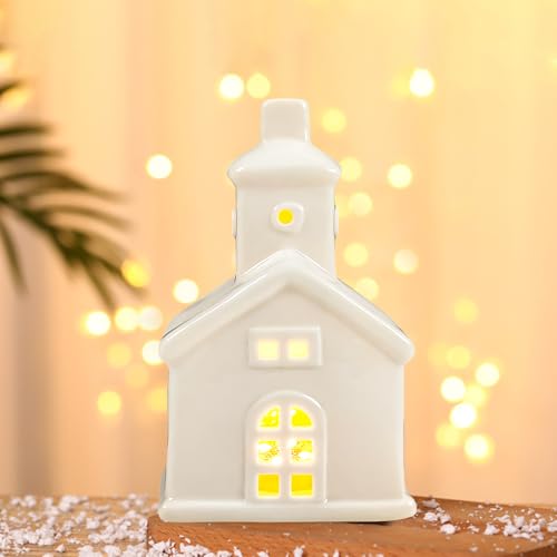 Weihnachtsdeko LED Weihnachtshäuser,Keramik Weihnachtsdeko Innen Weihnachtsdorf mit Beleuchtung,Weihnachtshaus Beleuchtet mit LED Licht,Porzellan Lichthaus Weiß Windlicht Haus für Weihnachten Deko (A) von GZWY