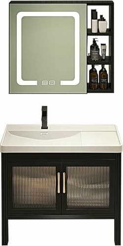 GZYHDC 61 cm Badezimmer-Waschtisch- und Waschbeckenkombination, moderner schwarzer Schrank mit LED-Spiegelschrank/Anti-Beschlag, quadratisches Gefäß-Waschbecken, Wasserhahn, Abfluss GZYHDC 61 cm Badezimmer-Waschtisch- und Waschbeckenkombination, moderner schwarzer Schrank mit LED-Spiegelschrank/Anti-Beschlag, quadratisches Gefäß-Waschbecken, Wasserhahn, Abfluss von GZYHDC