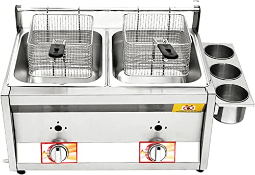 GZYHDC Fritteuse mit zwei Tanks mit Deckel, kommerzielle Edelstahl-Gasfritteuse mit Gewürzbox, 6 l + 6 l hohe Kapazität, leicht zu reinigen, für den Einsatz in Restaurants und zu Hause von GZYHDC
