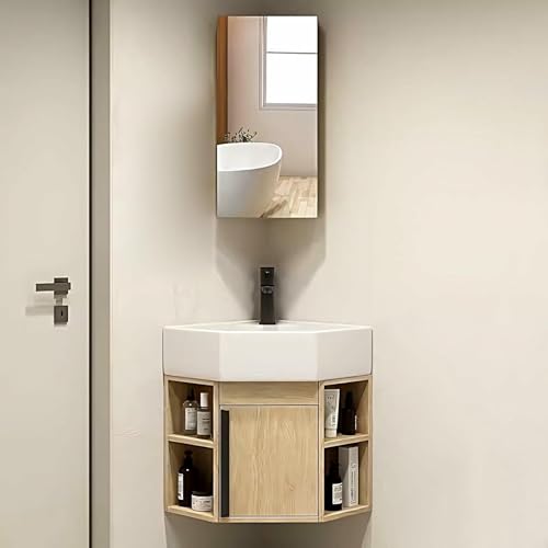 GZYHDC Multifunktionale praktische Eckmontage Keramikspüle mit Spiegelschrank, wandmontiertes Badezimmerwaschtisch-Set für kleine Räume (Größe: 45 cm) von GZYHDC