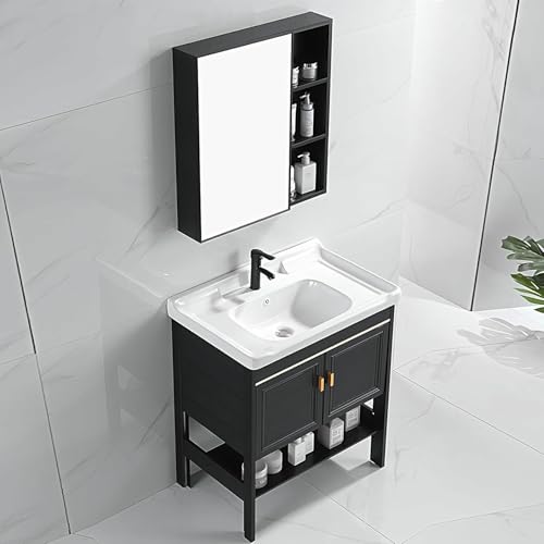 GZYHDC Waschbecken im Bauernhofstil kombiniert mit unterem Regal Moderner schwarzer Schrank rechteckiger weißer Keramikschrank Waschbecken mit Spiegel Schrank Solide Wasserhahn Pop Up Ablauf von GZYHDC