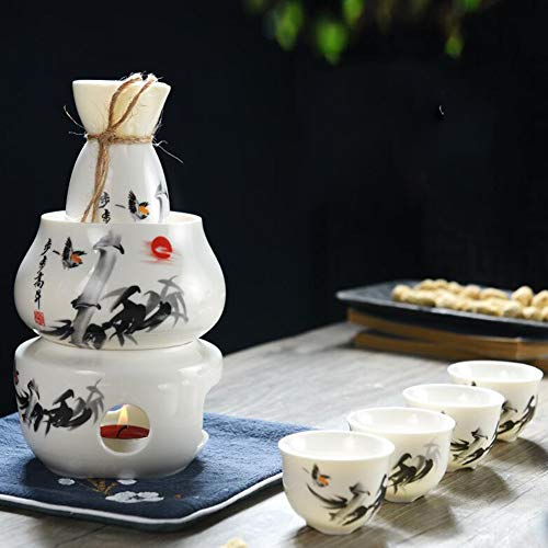GZYM Sake Set und Tassen mit Warmer, Traditionelle Porzellan Keramik Hot Saki Getränk Set Kit, 7-teilig umfassen 1 Herd 1 Schüssel 1 Sake Warming Flasche 4 Cup,White 1 von GZYM