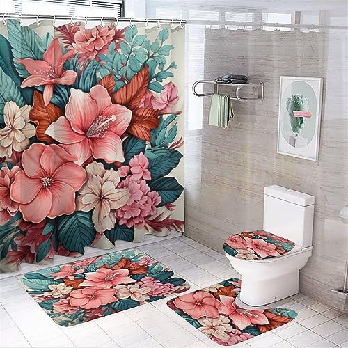 Duschvorhang-Set, 4-teiliges Badezimmer-Set mit Vorhang, Teppich, WC-Abdeckung und U-förmiger Matte, Herbst, Landhausstil, langlebig und saisonale Herbsternte für Badezimmer-Dekor von GZYWLKJ