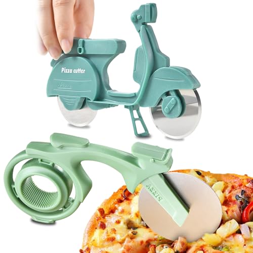 GZYYANG 2 Stück Pizzaschneider Motorrad, Pizza Schneider mit Dual Scharfem Schneiderad & Ständer, Lustige Pizza Schneider, Edelstahl Kunststoff Pizzaroller, Neuheit Pizza Cutter von GZYYANG