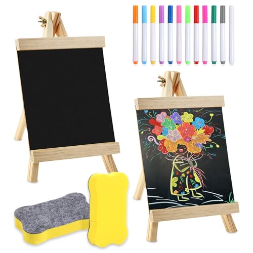 GZYYANG Kreidetafel mit Ständer Mini Kreidetafelstaffelei 2 Stück Schiefertafel zum Beschriften Kleine Tafel für Tisch mit 12 Tafelstifte für Preisschilder Buffettisch Geburtstag Hochzeit Party Event von GZYYANG