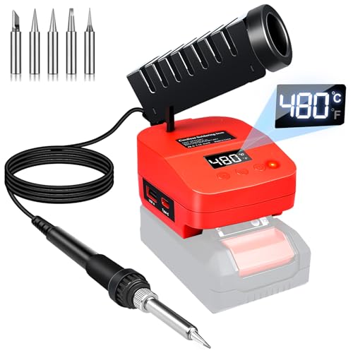 GZYZ Akku-Lötkolben-Set kompatibel mit Ein hell PXC 18V Akku, Tragbarer Lötkolben mit USB und Typ-C, Einstellbarer Temperaturbereich 180–480 °C für Heimwerkerarbeiten, Elektroarbeiten (Ohne Akku) von GZYZ