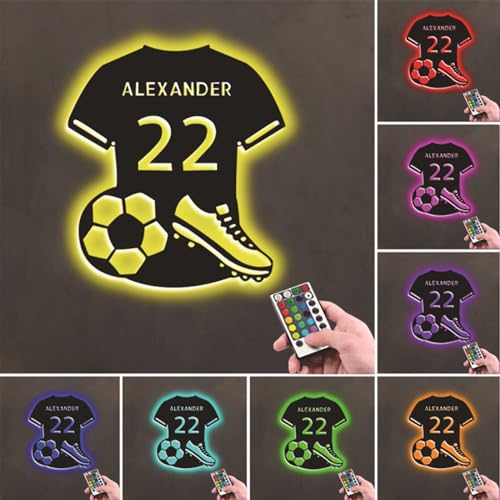 Benutzerdefinierte Mann Fußball Neon Zeichen Metall Wand Kunst LED Licht, Personalisiertes Fußballspieler Metallschild mit LED Licht, 16 Farben Light Up Fußball Name Schild Fußball Nachtlicht von GZYZXP