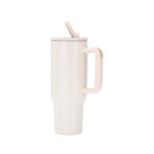 Isolierter Becher (40 Oz) Mit Henkel Und Klappstrohhalm, Doppelwandige Vakuum-Isolierwasserflasche For 12 Stunden, Auslaufsicher, BPA-frei(Cream White 40oz) von GZZBDGFIY