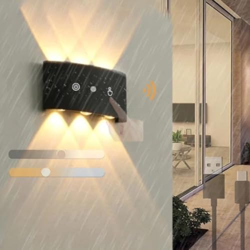 GZZBMY Außen IP65 Dimmbare Wandlampe LED Wandlicht Lampen Akku USB Wiederaufladbare Wandbeleuchtung mit Radar Bewegungssensor Touch Schalter für Terrassen Schlafzimmer (Schwarz,12W) von GZZBMY