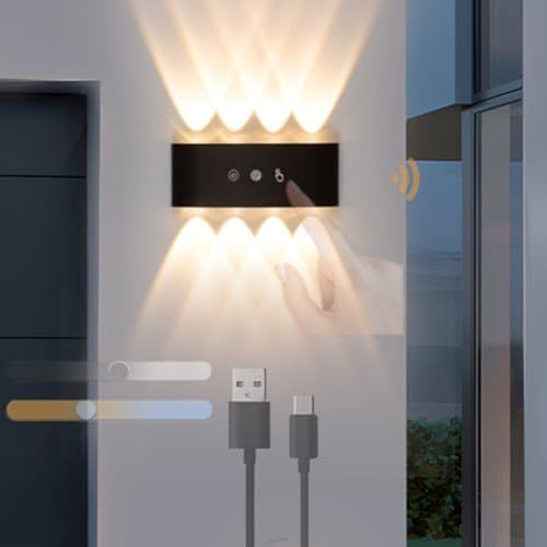 GZZBMY Außen IP65 Dimmbare Wandlampe LED Wandlicht Lampen Akku USB Wiederaufladbare Wandbeleuchtung mit Radar Bewegungssensor Touch Schalter für Terrassen Schlafzimmer (Schwarz,16W) von GZZBMY