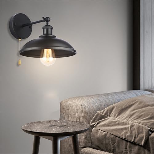 GZZBMY Innen Schwarz Wandleuchten mit Zugschalter Wandlampe Metall Retro Industrie Drehbar Wandlicht E27 Vintage Design Korridor Dekorative Wandbeleuchtung Innen für Schlafzimmer Wohnzimmer (1 Stück) von GZZBMY