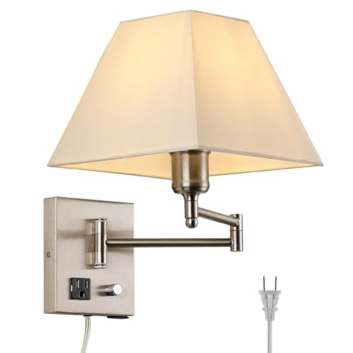 GZZBMY Innen Wandlampe mit Schalter Drehbare Verstellbar Schwenkarm Wandleuchte mit Stecker Nachttischlampe mit Kabel Weiß Stoff Schirm Wandleuchtung E27 Schlafzimmer Wohnzimmer (Silber) von GZZBMY
