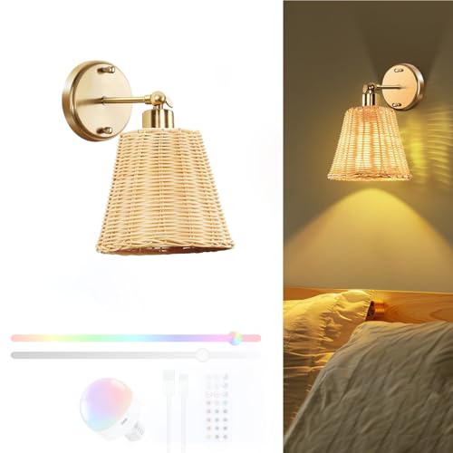 GZZBMY LED Akku Wandleuchten Innen RGB Dimmbare Wandlampen mit Fernbedienung USB Aufladung Wandbeleuchtung Rattan Korb Lampenschirm 350° Drehung Wohnzimmer Schlafzimmer Flur (1 Stück) von GZZBMY