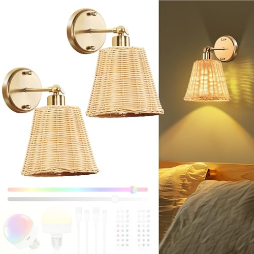 GZZBMY LED Akku Wandleuchten Innen RGB Dimmbare Wandlampen mit Fernbedienung USB Aufladung Wandbeleuchtung Rattan Korb Lampenschirm 350° Drehung Wohnzimmer Schlafzimmer Flur (2 Stück) von GZZBMY