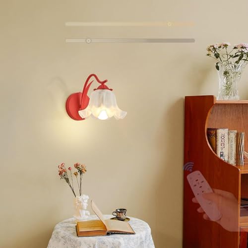 GZZBMY LED Vintage Blumen Wandlampe mit Fernbedienung Dimmbare Modern Metall Wandleuchte Innen mit Floralem Glaslampenschirm Wandbeleuchtung für Schlafzimmer Wohnzimmer Büro Wohnkultur (Rot) von GZZBMY
