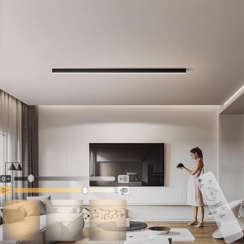 GZZBMY Modern Dimmbar LED Deckenleuchte Panel mit Fernbedienung Wohnzimmerlampe Lang Bürolampe Decke Super Deckenpanel Lampe Starker Leuchtkraft Licht für Küche Schlafzimmer 200CM (Schwarz,80CM) von GZZBMY