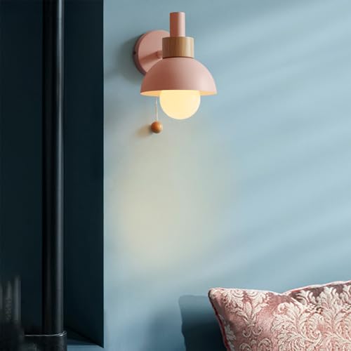 GZZBMY Moderne Innen Wandleuchten E27 Sockel Wandlampe mit Zugschnurschalter Wandbeleuchtung Holz und Metall Nachttischlampe für Schlafzimmer Wohnzimmer Treppen Ohne Glühbirne (Rosa) von GZZBMY