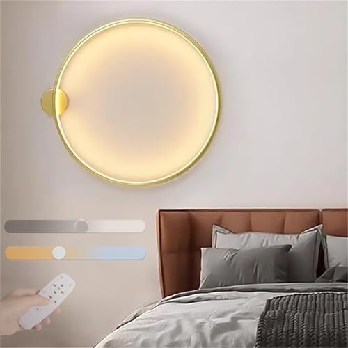 GZZBMY Rund LED Dimmbar Wandleuchte mit Fernbedienung Modern Schlicht Wandlampe Metall Innen Einstellbare Farbtemperatur 3000K-6000K Wandbeleuchtung für Schlafzimmer Wohnzimmer Treppen (Gold,30CM) von GZZBMY