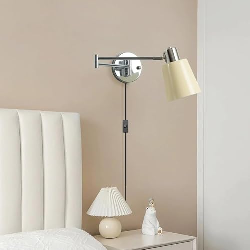 GZZBMY Wandleuchten mit Stecker in Kabel und Schalter E27 Wandleuchte Schlafzimmer Innen Metall Wandbeleuchtung Sicher für Kinderzimmer 360° Drehbar mit Schwenkarm Lesung Wandlampe Dekoration (A) von GZZBMY