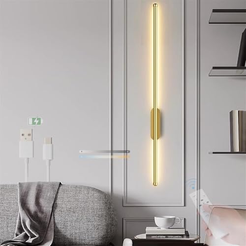 LED Dimmbar Wandleuchte mit Fernbedienung Wandleuchten Innen 3 Farbmodi Helligkeit 10-100% Wandlampe USB Aufladbare Batterie Betrieben Wandbeleuchtung Modern Kabellose für Wohnzimmer (Gold,60cm) von GZZBMY
