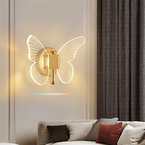LED Gold Innen Wandleuchte 3 Farben Dimmbar Wandleuchten Kreative Kinderzimmer Acryl Wandlampe Modern Metall Nachttisch Hintergrund Dekorative Wandbeleuchtung fürSchlafzimmer Esszimmer (Schmetterling) von GZZBMY