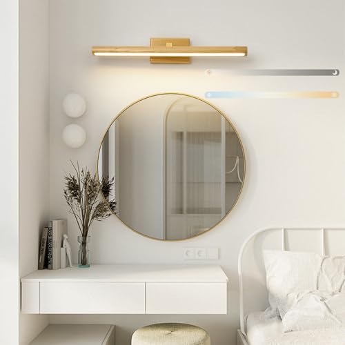 LED Holz Wandleuchten 180° Drehbar Innen Wandlampen Dimmbar Dreifarbiges Licht Wandbeleuchtung Spiegellampe Modern Badezimmer Spiegelleuchte Schlafzimmer Treppenhaus 3000K-6500K (Helles Holz,40cm) von GZZBMY