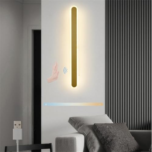 LED Innen Wandleuchte mit Hand Bewegungsmelder Wandlicht Dimmbar 3 Farbmodi 2700K-6500K Lange Wandlampe Aufladbare Akku Stromversorgung Wandbeleuchtung Modern Schlafzimmer Treppe Flur (Gold,40cm) von GZZBMY