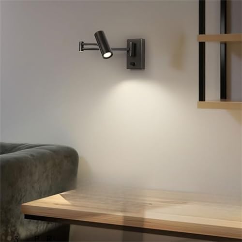LED Innen Wandleuchten mit Helligkeitsregelungsschalter Moderne Schwarz Wandlampe Klappbare Teleskoparm Wandleuchte Verstellbarer Vintage Metall Wandbeleuchtung für Nachttisch (Warmes Licht,1 Stück) von GZZBMY