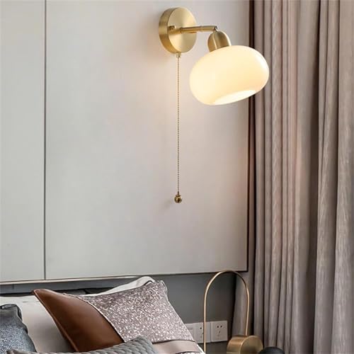 LED Modern Wandleuchte mit Zugschalter Wandlampe E27 Messing Weißer Glasschirm Wandlicht Innen Minimalismus Stil Nachttisch Wandbeleuchtung für Wohnzimmer Schlafzimmer Hintergrund Dekorative (B) von GZZBMY