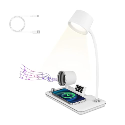 LED Tischlampe 15 W Kabelloses Ladegerät mit Bluetooth Lautsprecher Schreibtischlampe Touch Steuerung Dimmbar mit 3 Farben Leselampe Kinder mit Elektronische Uhr Tischbeleuchtung für Studio (Weiß) von GZZBMY