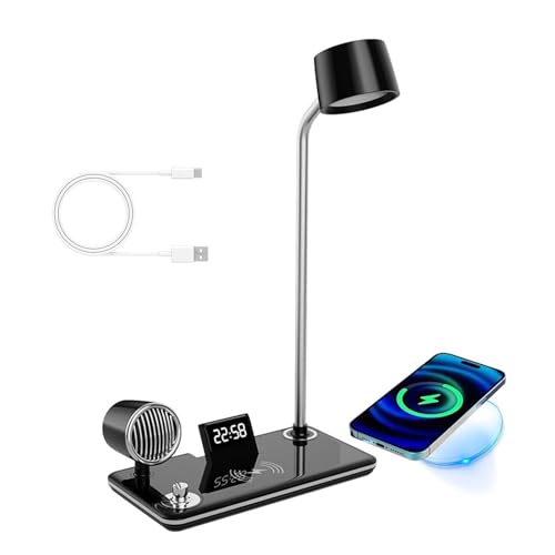 LED Tischlampe 15 W Kabelloses Ladegerät mit Bluetooth Lautsprecher Schreibtischlampe Touch Steuerung Dimmbar mit 3 Farben Leselampe Kinder mit Elektronische Uhr Tischbeleuchtung für Studio (Schwarz) von GZZBMY