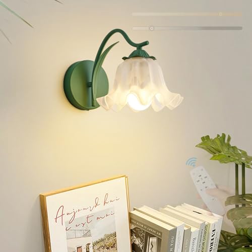LED Vintage Blumen Wandlampe mit Fernbedienung Dimmbare Modern Metall Wandleuchte Innen mit Floralem Glaslampenschirm Wandbeleuchtung für Schlafzimmer Wohnzimmer Büro Wohnkultur (Grün) von GZZBMY