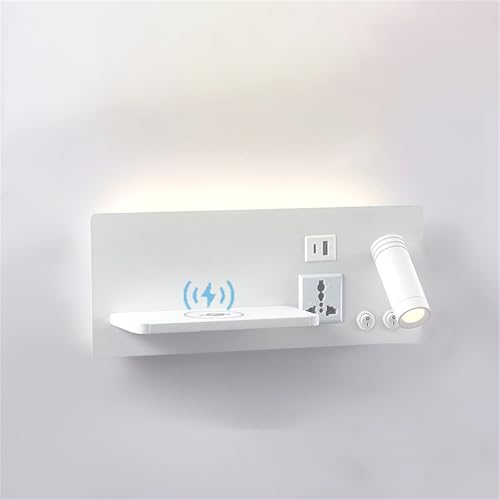 LED Wandleuchte Innen mit Schalter Wandlampe 350° Drehbar Verstellbar Warmweiß Bettlampe Wandlicht USB & Wireless Charger Leselampe Wandbeleuchtung Metall Schlafzimmer Hotel (Weiß Rechts,1 Stück) von GZZBMY