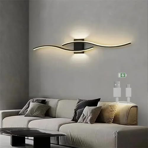 LED Wandleuchte Moderne Innen Wellenform Wandlampe USB Ladebare Batteriebetriebene Wandlicht Lange Streifen Acryl Eisen Drahtlos Wandbeleuchtung für Wohnzimmer Flur (Schwarz Warmes Licht,100cm) von GZZBMY