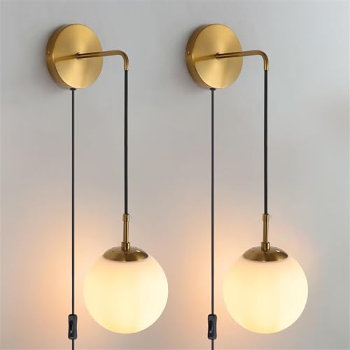 Wandlampe 2er-Pack Innen mit Einstellbares Kabel LED Wandleuchte E27 Wandleuchten mit Kugelförmigem Lampenschirm Schwarzes Gold Schlafzimmer Badezimmer Beleuchtung (Gold) von GZZBMY