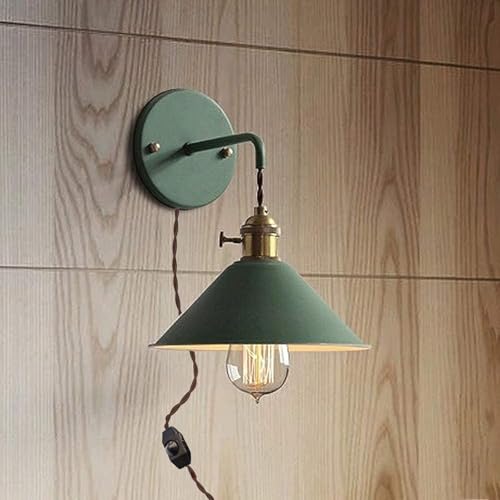 Wandlampe mit Stecker E27 Vintage Wandleuchte mit Drehbare Schalter Industrial Design Retro Wandlicht Lampen mit 2m Kable Metall Lampenschirm Innen Loft Wandlampen für Schlafzimmer (Grün,1 Stück) von GZZBMY