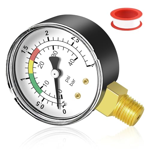 GZhaimai 1 Pcs Manometer + 1 Pcs Teflonband, Druckmesser 1/4" mit Messingadapter, 0-3 bar/40 psi Manometer Pool für Pool und Fischteiche(Ø53mm, Schwarz) von GZhaimai