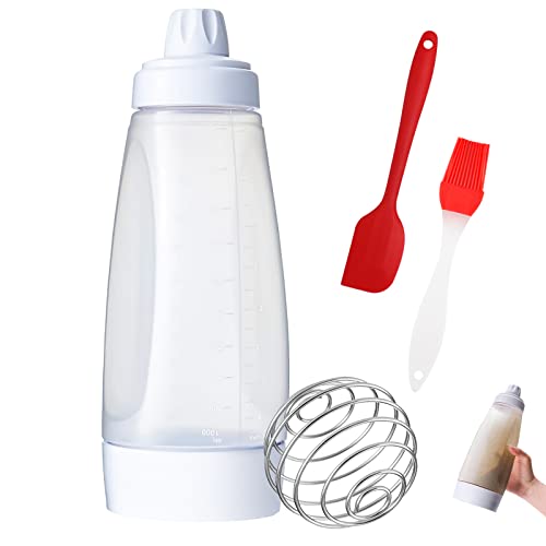 GZhaimai Teigspender Quetschflasche, Teigportionierer Pfannkuchen Mehrzweck mit Messmarken Rührkugel Silikonölpinsel, für Pfannkuchen, CrêPes und Waffeln Uvm von GZhaimai