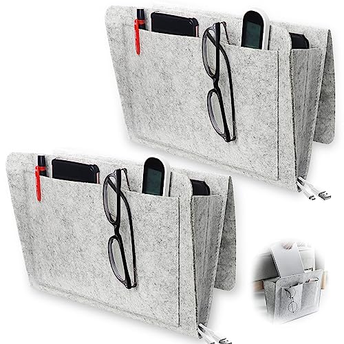 GZhaizhuan 2 Stück Bett Organizer Filz Betttasche, Nachttisch Aufbewahrungstasche für Handy, IPad, Brille, Buch, Fernbedienung (Hellgrau) von GZhaizhuan