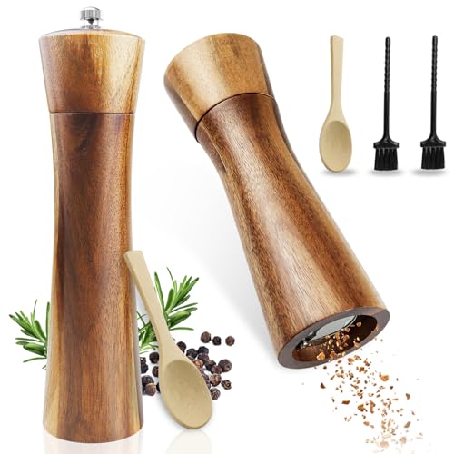 GZhaizhuan Salz und Pfeffermühle Holz, 2 Stk Gewürzmühle Set mit Keramikmahlwerk für Mahlen Verschiedener Gewürze, mit 2 Löffel und Reinigungspinsel, 21.5 cm/16 cm von GZhaizhuan