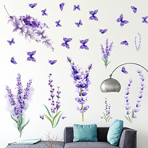 GZkedu 4 Stk Wandtattoo Blumen, Lila Lavendel Blumen Wandsticker, Selbstklebend Wasserdicht Wandaufkleber, für Wohn-Schlafzimmer Kinderzimmer Küche von GZkedu