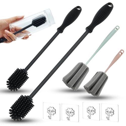 GZqiancang 2 STK Flaschenbürste, Silikon Bottle Brush mit 2 STK Schwammbecherbürste für Babyflasche, Tassen, Weingläser, Kaffeekannen mit 4 STK Haken von GZqiancang