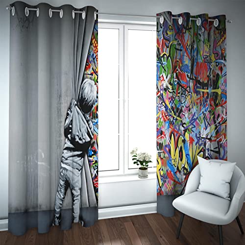 Banksy Jungs, die Vorhänge ziehen Zimmerverdunkelungsvorhang für Wohnzimmer Schlafzimmer wärmeisolierter Vorhang Tülle Oben Fenstervorhang 2 Paneele H228xB228 von GaNkas